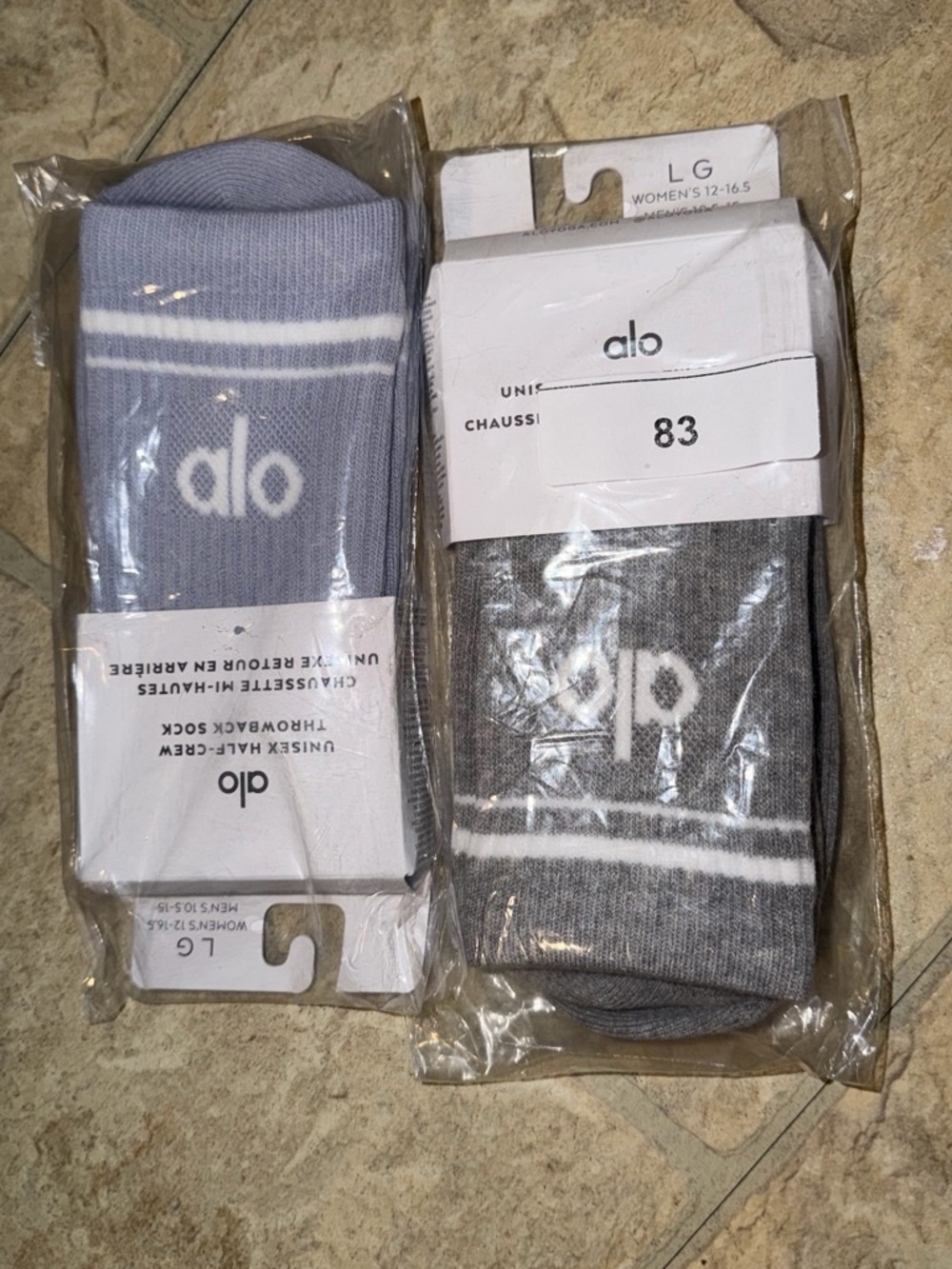 Brand new ALO Yoga Unisex 2 Pack of Crew Socks - Light Blue & Gray